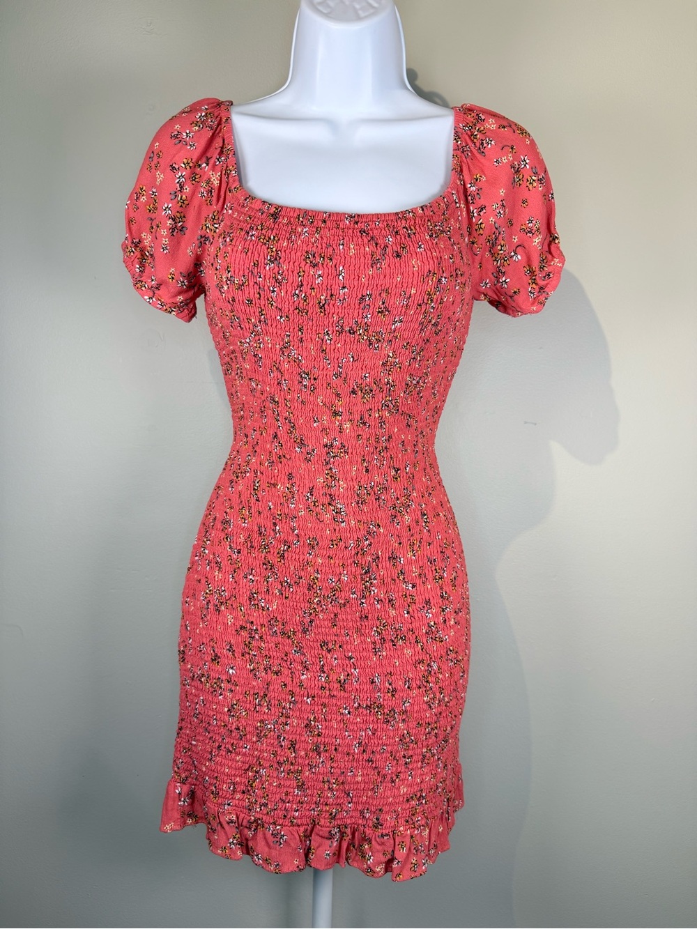Lost + Wander Coral Floral Smocked Mini Dress